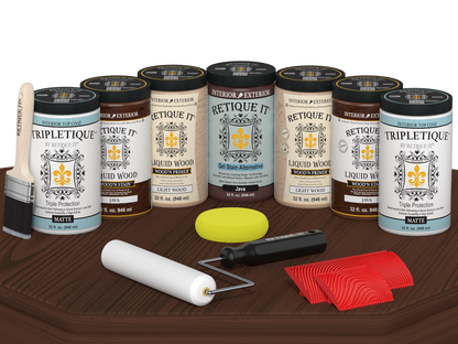 Retique It Wood'n Cabinet Kit Java stain with 24 grained cabinet doors, matte finish, shown on a table.