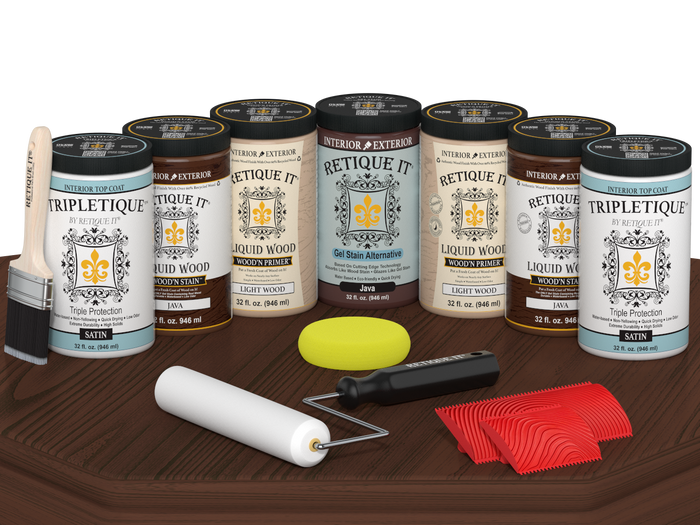 Retique It Wood'n Cabinet Kit Java stain with 24 grained cabinet doors, satin finish, shown on a wood table.