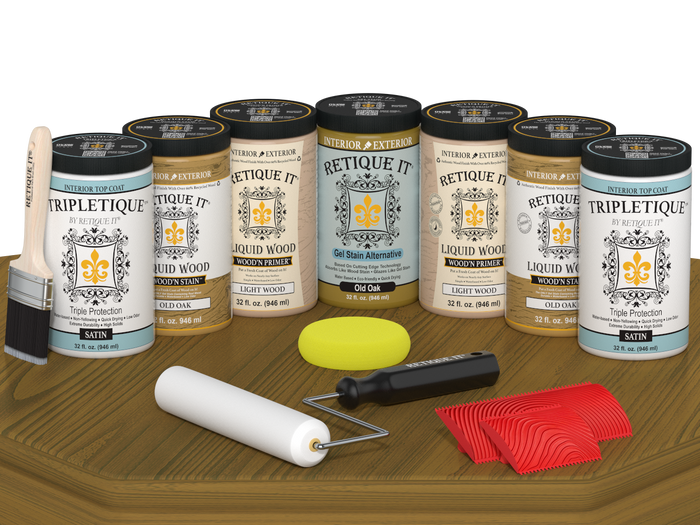 Retique It Wood'n Cabinet Kit in Old Oak stain showing 24 grained cabinet doors with satin finish on a table.