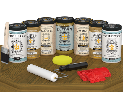 Retique It Wood'n Cabinet Kit in Old Oak stain, showing glossy finish on a cabinet door with wood grain texture.