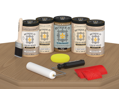 Retique It Wood'n Cabinet Kit with pickled oak stain, 24 grained cabinet doors displayed on a table.