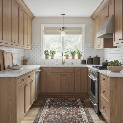 Farmhouse-style kitchen cabinets with pickled oak wood grain finish from Retique It Wood'n Cabinet Kit with 12 doors.