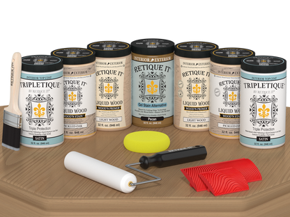 Retique It Wood'n Cabinet Kit with pickled oak stain, 24 grained cabinet doors, satin finish, ready for kitchen or bathroom cabinetry.