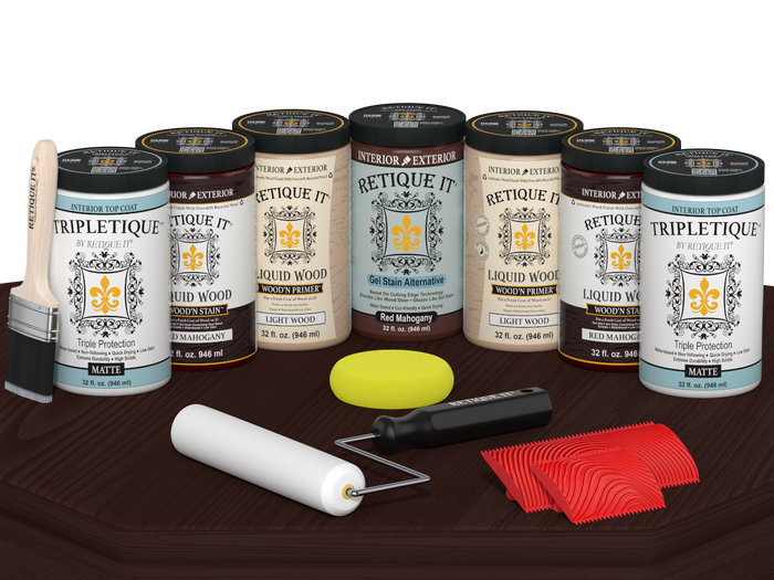 Retique It Wood'n Cabinet Kit with 24 grained doors in red mahogany stain, matte finish, shown on a table surface.