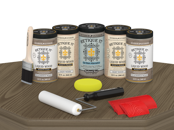 Weathered wood stain sample for Wood'n Cabinet Kit by Retique It, showcasing natural grain and weathered finish on a wooden surface.