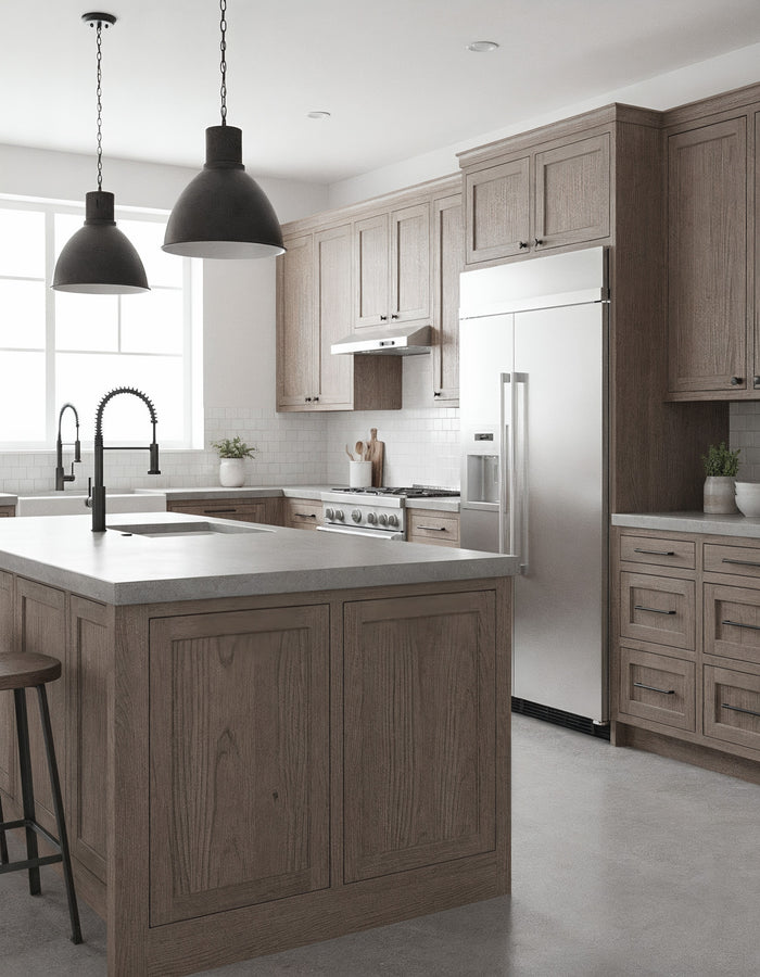 Weathered Wood Retique It Wood'n Cabinet Kit with 24 grained door panels, showcasing rustic weathered wood stain for kitchen cabinetry.