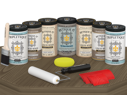 Retique It Wood'n Cabinet Kit with weathered wood stain, 24 grained cabinet doors, matte finish, shown on table.