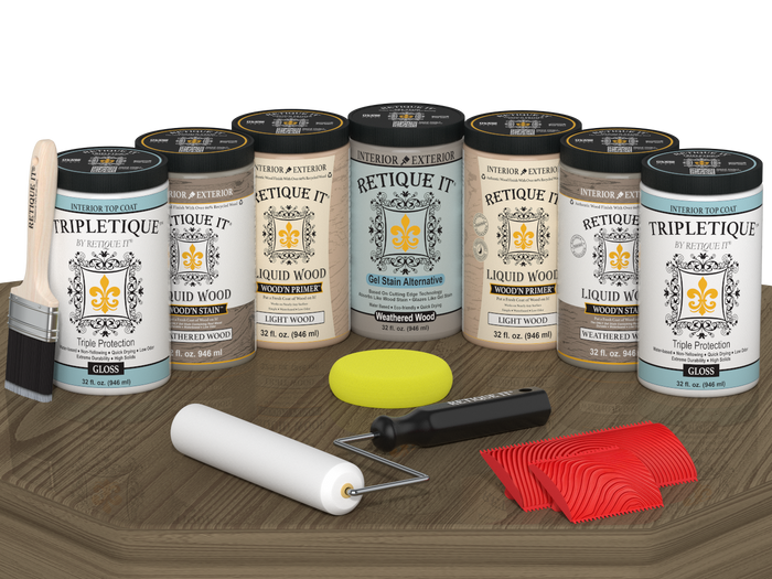 Retique It Wood'n Cabinet Kit with weathered wood stain, 24 door panels, glossy finish, showcasing textured, grained wood surface