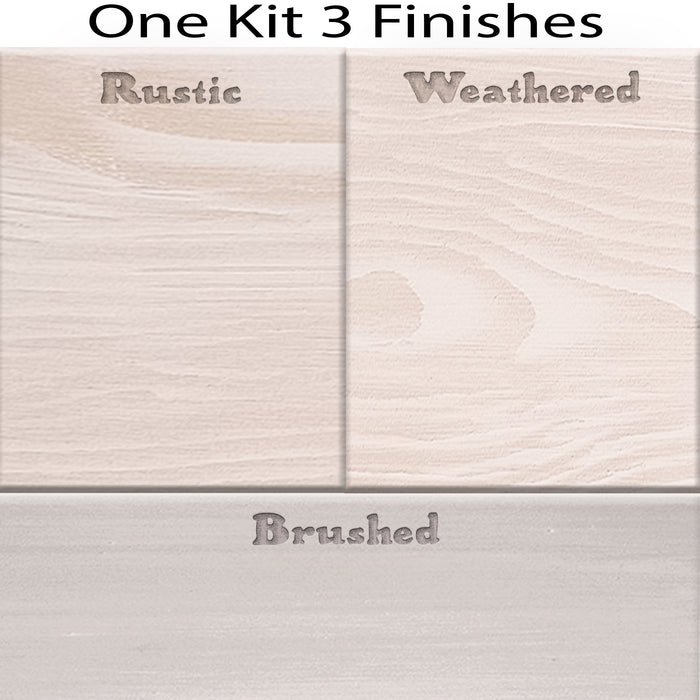 Swatch image showing three wood stain finishes for Wood'n Cabinet Kit by Retique It in white wash with grained wood texture.