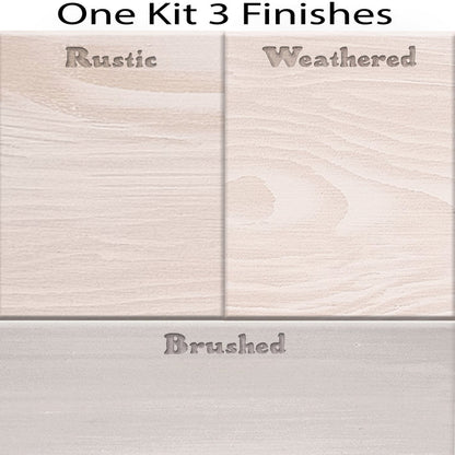 Swatch image showing three wood stain finishes for Wood'n Cabinet Kit by Retique It in white wash with grained wood texture.
