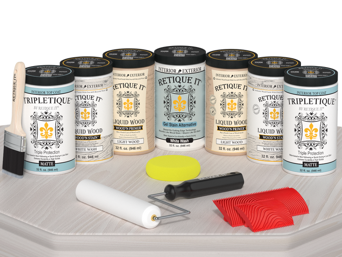 Retique It Wood'n Cabinet Kit in White Wash stain with 24 grained cabinet doors, matte finish, shown on a table.