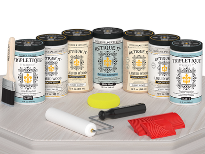 Retique It Wood'n Cabinet Kit in White Wash stain with 24 grained cabinet doors, matte finish, shown on a table.