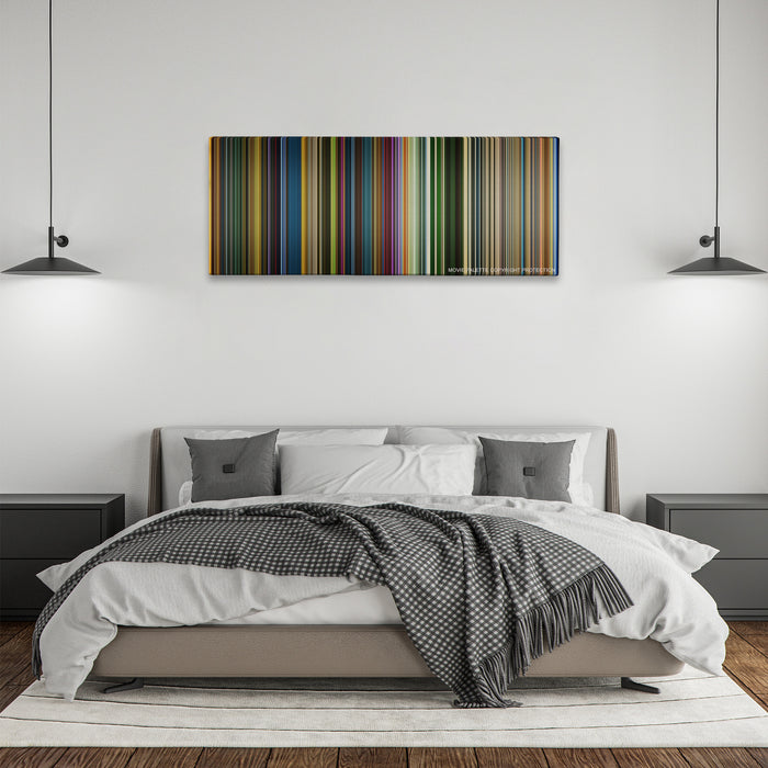 X-Men: Apocalypse color palette canvas above a bed, between two black pendant lamps