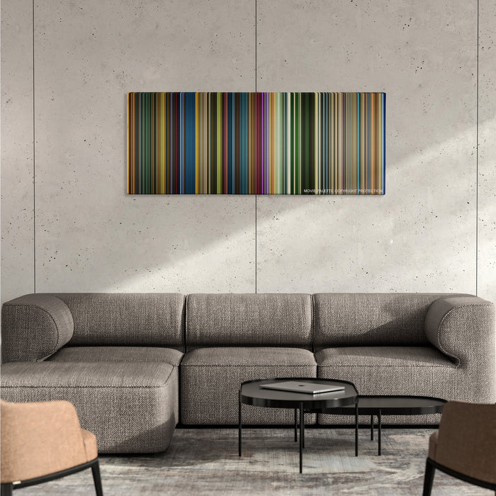 X-Men: Apocalypse color palette canvas on a concrete wall above a gray sectional sofa