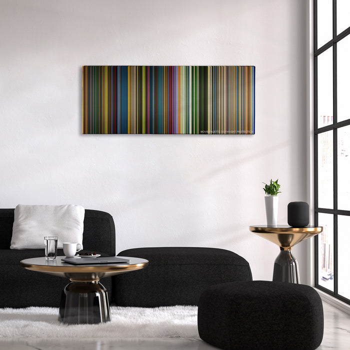 X-Men: Apocalypse color palette canvas above a black sofa with a gold-topped table