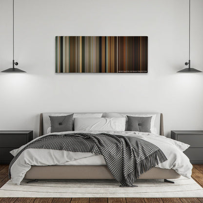 Zombieland color palette canvas above a bed, between two black pendant lamps