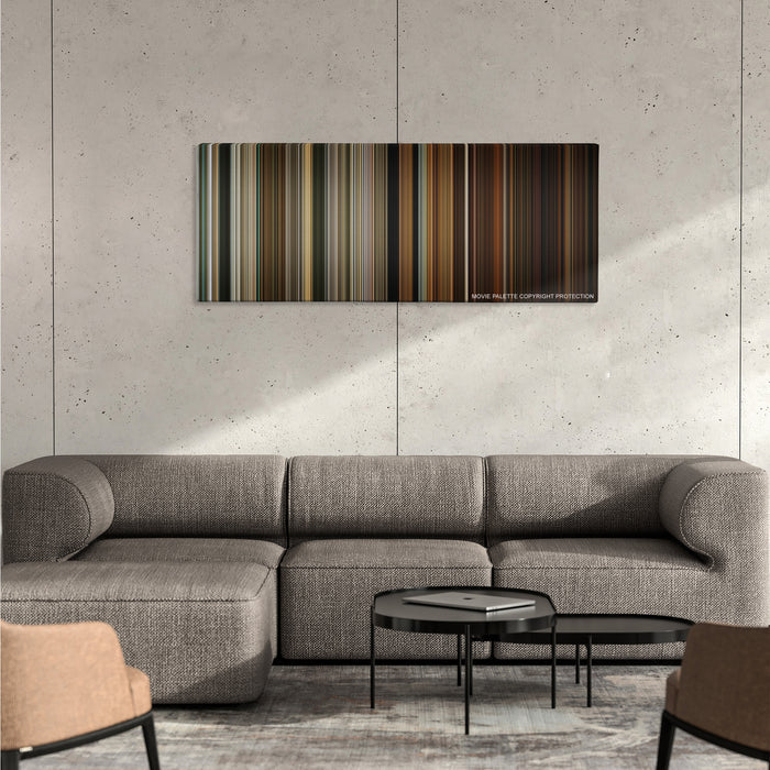 Zombieland color palette canvas on a concrete wall above a gray sectional sofa