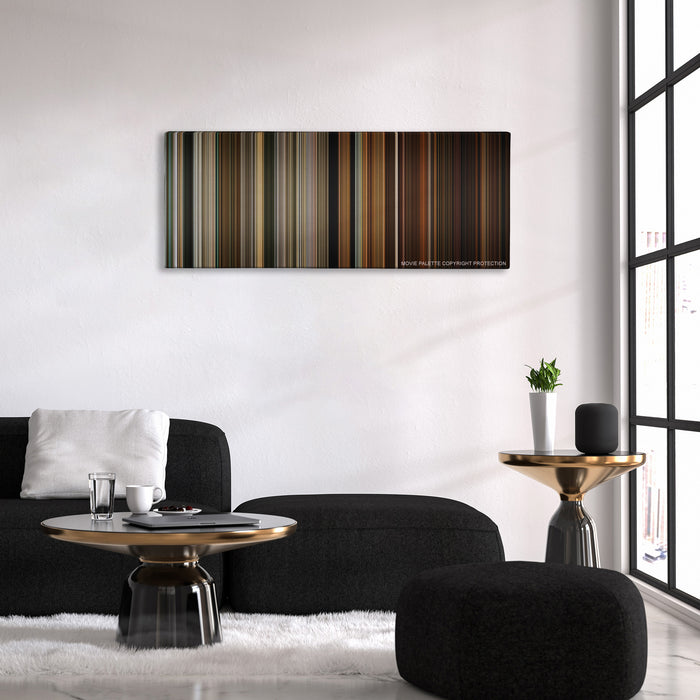 Zombieland color palette canvas above a black sofa with a gold-topped table